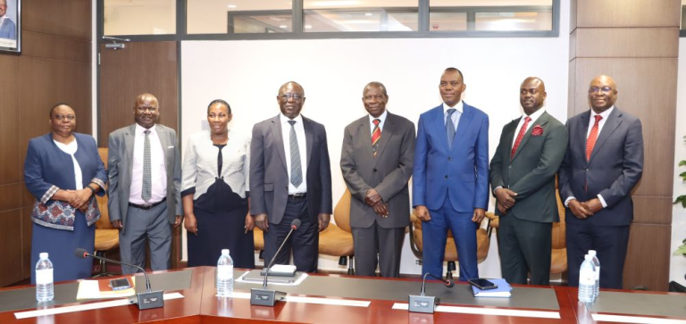 The new board was inaugurated by Minister of Finance, Planning & Economic Development. Hon. Matia Kasaija (4th from the right). On his right is new board chairman, Mr. Henry Balwanyi Magino.